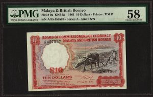 Banknotes & Coins Auction - Series 9/2021Malaya, 1961, 10 Dollars (Vintage) A/35 457567 [PMG 58]