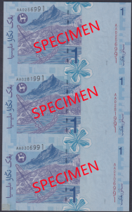 Malaysia, 12th Series, RM 1 (Uncut 3 in 1) AA0256991, AA0281991 & AA0306991, Signature of Governor: Tan Sri Dato' Sri Dr. Zeti Akhtar Aziz [UNC]